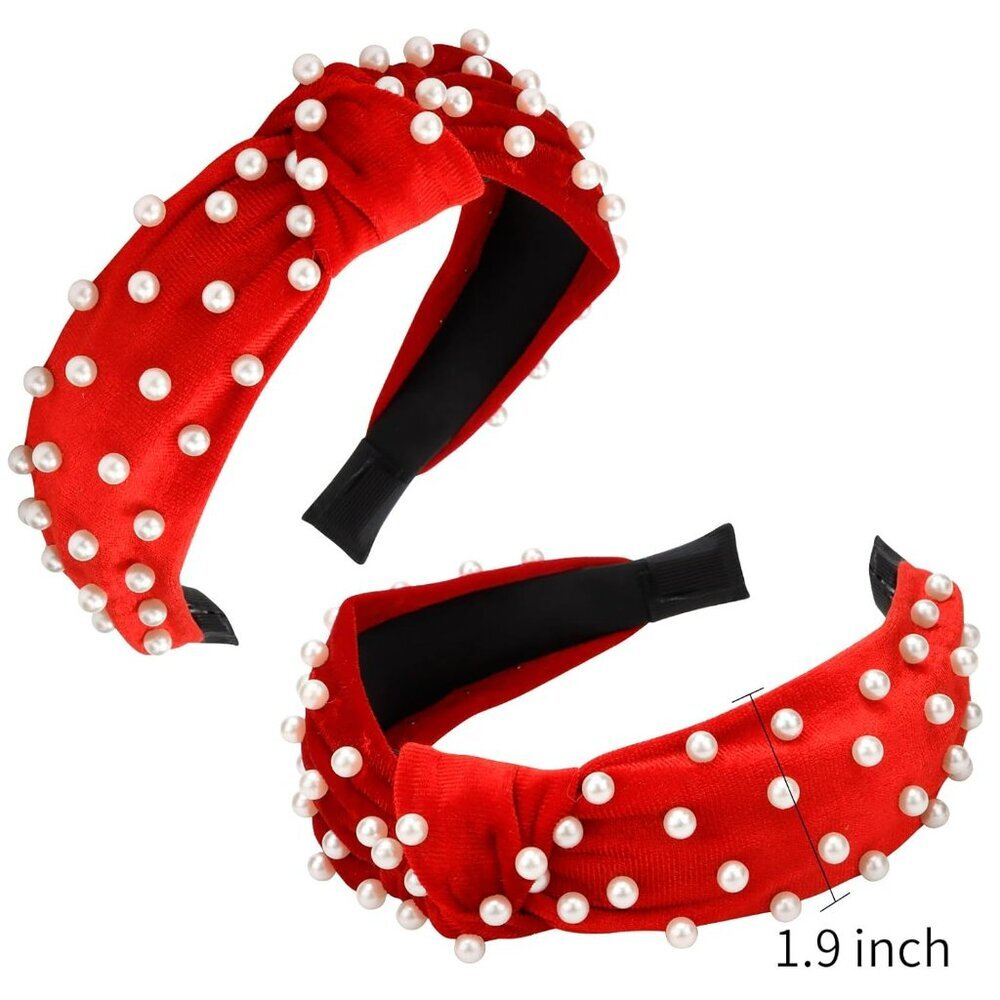 Pearl Headbands with Beads: White, Pink, Red, Blue Knotted Wide Top Knot Hair Ac - Picture 7 of 9